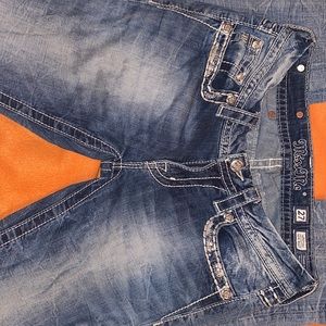 27 Miss Me denim blue jeans distressed no holes slim boot long cute wings